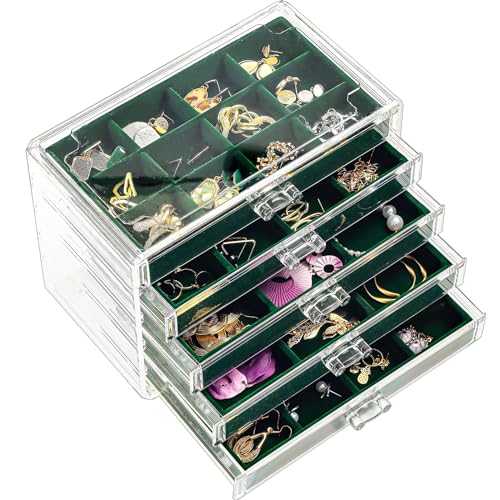 ProCase Acryl Schmuck Organizer Schmuckschatulle für Damen Durchsichtige Schmuckaufbewahrung Schmuckkästchen Schmuckbox mit 5 Schubladen für Ohrringe, Ringe, Armbänder -Emerald von ProCase