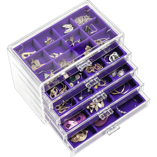 ProCase Acryl Schmuck Organizer Schmuckschatulle für Damen Durchsichtige Schmuckaufbewahrung Schmuckkästchen Schmuckbox mit 5 Schubladen für Ohrringe, Ringe, Armbänder -Lila von ProCase