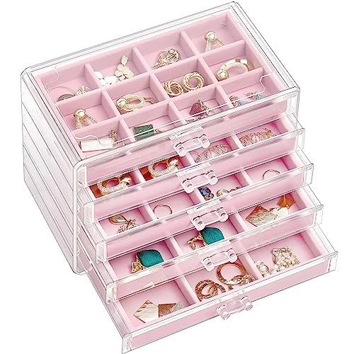 ProCase Acryl Schmuck Organizer Schmuckschatulle für Damen Durchsichtige Schmuckaufbewahrung Schmuckkästchen Schmuckbox mit 5 Schubladen für Ohrringe, Ringe, Armbänder -Rosa von ProCase