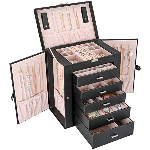 ProCase Große Schmuckkästchen, 6 Schichten Schmuckbox Schmuckkasten Schmuckschatulle, Schmuck Aufbewahrung Box mit Ohrringhalter Schubladen und Uhrenkissen, Jewelry Organizer Box -Schwarz von ProCase