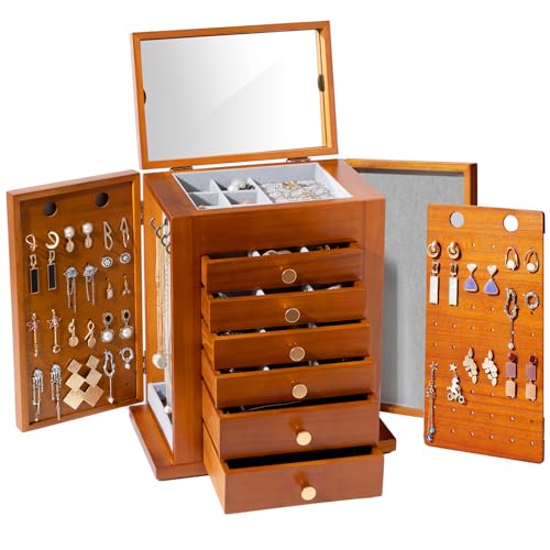 ProCase Schmuckkästchen Schmuckaufbewahrung Groß Holz Schmuckschatulle mit 7 Ebenen Schmuckkasten Schmuckbox Schmuck Organizer mit Spiegel, Schubladen für Ringe, Ohrringe -Braun von ProCase