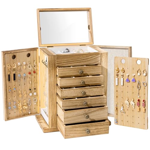 ProCase Schmuckkästchen Schmuckaufbewahrung Groß Holz Schmuckschatulle mit 7 Ebenen Schmuckkasten Schmuckbox Schmuck Organizer mit Spiegel, Schubladen für Ringe, Ohrringe -Natural von ProCase