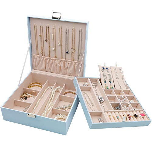 ProCase Schmuckschatulle Damen Leder, Schmuckkästchen mit 2 Ebenen Schmuckkasten Schmuckkoffer Schmuckaufbewahrung Schmuckbox Jewelry Box für Ringe, Ohrringe, Halsketten, Armbänder -Blau von ProCase