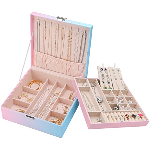 ProCase Schmuckschatulle Damen Leder, Schmuckkästchen mit 2 Ebenen Schmuckkasten Schmuckkoffer Schmuckaufbewahrung Schmuckbox Jewelry Box für Ringe, Ohrringe, Halsketten, Armbänder -Farbverlauf von ProCase