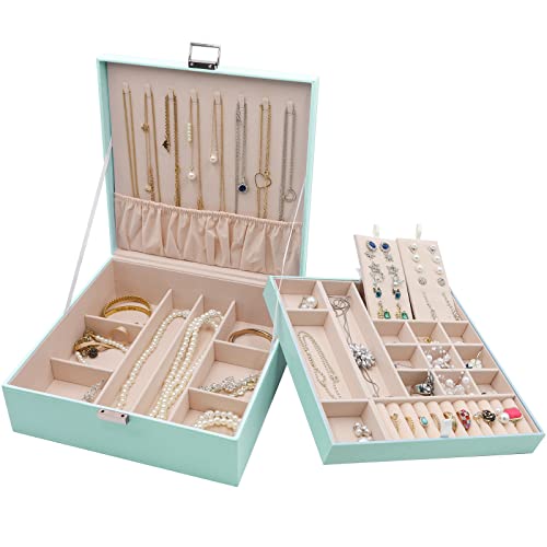 ProCase Schmuckschatulle Damen Leder, Schmuckkästchen mit 2 Ebenen Schmuckkasten Schmuckkoffer Schmuckaufbewahrung Schmuckbox Jewelry Box für Ringe, Ohrringe, Halsketten, Armbänder -Mint von ProCase