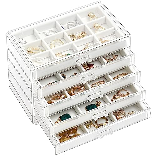 ProCase Schmuckkästchen aus Acryl Schmuckaufbewahrung Jewelry Organizer Schmuckschatulle mit 5 Schubladen Ringe Armbänder Stapelbares Schmucktablett Schmuckkästen- Warmweiß von ProCase