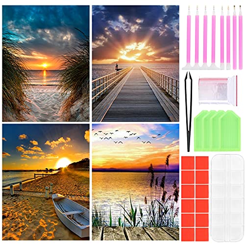 4 Packung 30 x 40 cm 5D Diamant Painting Full Groß Set, DIY Diamant Painting Bilder mit Diamond Painting Zubehör Kinder Erwachsene, Diamant Malerei für Heim und Büro Décor (Sonnenuntergang) von ProChosen