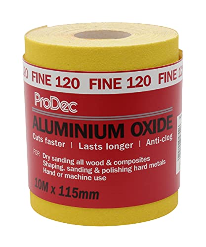 ProDec 10 m Rolle, feine, gelbes Aluminiumoxid-Schleifpapier mit Körnung 120 zum Schleifen von Holz, Farbe, Putz, Spachtelmasse, Metall & mehr; Schleifpapier, kompatibel mit Maschinenschleifern von ProDec