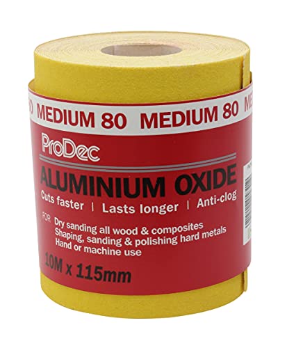 ProDec 10 m Rolle, mittlere, gelbes Aluminiumoxid-Schleifpapier mit Körnung 80 zum Schleifen von Holz, Farbe, Putz, Spachtelmasse, Metall & mehr; Schleifpapier, kompatibel mit Maschinenschleifern ProDec 10 m Rolle, mittlere, gelbes Aluminiumoxid-Schleifpapier mit Körnung 80 zum Schleifen von Holz, Farbe, Putz, Spachtelmasse, Metall & mehr; Schleifpapier, kompatibel mit Maschinenschleifern von ProDec