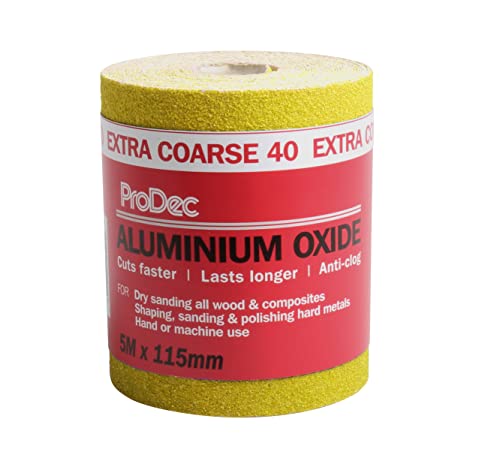 ProDec 5 m Rolle, extra grobes, gelbes Aluminiumoxid-Schleifpapier mit Körnung 40 zum Schleifen von Holz, Farbe, Putz, Spachtelmasse, Metall und mehr; Schleifpapier, kompatibel mit Maschinenschleifern ProDec 5 m Rolle, extra grobes, gelbes Aluminiumoxid-Schleifpapier mit Körnung 40 zum Schleifen von Holz, Farbe, Putz, Spachtelmasse, Metall und mehr; Schleifpapier, kompatibel mit Maschinenschleifern von ProDec