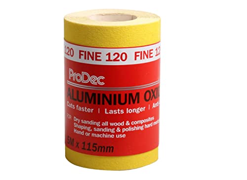 ProDec 5 m Rolle, feine, gelbes Aluminiumoxid-Schleifpapier mit Körnung 120 zum Schleifen von Holz, Farbe, Putz, Spachtelmasse, Metall & mehr; Schleifpapier, kompatibel mit Maschinenschleifern ProDec 5 m Rolle, feine, gelbes Aluminiumoxid-Schleifpapier mit Körnung 120 zum Schleifen von Holz, Farbe, Putz, Spachtelmasse, Metall & mehr; Schleifpapier, kompatibel mit Maschinenschleifern von ProDec