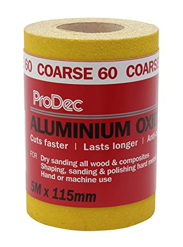 ProDec 5 m Rolle, grob, gelbes Aluminiumoxid-Schleifpapier mit Körnung 60 zum Schleifen von Holz, Farbe, Putz, Spachtelmasse, Metall & mehr; Schleifpapier, kompatibel mit Maschinenschleifern ProDec 5 m Rolle, grob, gelbes Aluminiumoxid-Schleifpapier mit Körnung 60 zum Schleifen von Holz, Farbe, Putz, Spachtelmasse, Metall & mehr; Schleifpapier, kompatibel mit Maschinenschleifern von ProDec