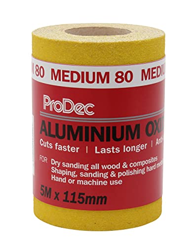 ProDec 5 m Rolle, mittlere, gelbes Aluminiumoxid-Schleifpapier mit Körnung 80 zum Schleifen von Holz, Farbe, Putz, Spachtelmasse, Metall & mehr; Schleifpapier, kompatibel mit Maschinenschleifern ProDec 5 m Rolle, mittlere, gelbes Aluminiumoxid-Schleifpapier mit Körnung 80 zum Schleifen von Holz, Farbe, Putz, Spachtelmasse, Metall & mehr; Schleifpapier, kompatibel mit Maschinenschleifern von ProDec