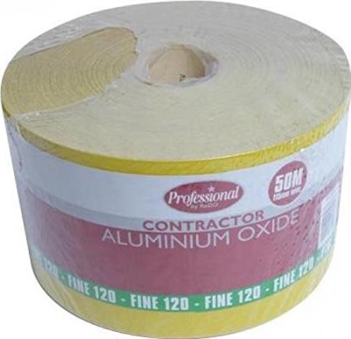 ProDec 50 m Rolle, feine, gelbes Aluminiumoxid-Schleifpapier mit Körnung 120 zum Schleifen von Holz, Farbe, Putz, Spachtelmasse, Metall & mehr; Schleifpapier, kompatibel mit Maschinenschleifern von ProDec