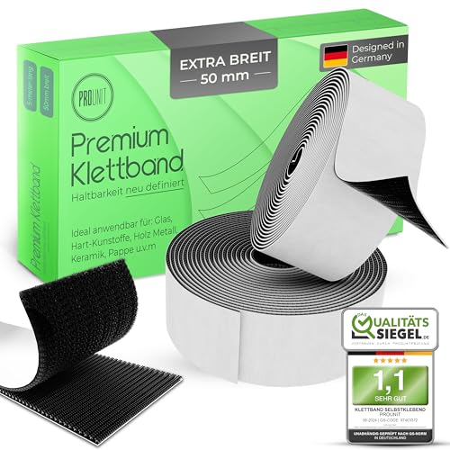 ProUnit® Klettband selbstklebend Extra Stark (Schwarz, 5 Meter / 50mm) von ProUnit