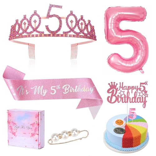 5. Geburtstag Mädchen Dekoration Set, Rosa Diamant Krone, Schärpe, 5 Jahre Luftballons, Kerzen für 5. Geburtstag Party, Perfekte 5 Jahre Geburtstagsfeier, Dekoration für Kindergeburtstag 5. Geburtstag Mädchen Dekoration Set, Rosa Diamant Krone, Schärpe, 5 Jahre Luftballons, Kerzen für 5. Geburtstag Party, Perfekte 5 Jahre Geburtstagsfeier, Dekoration für Kindergeburtstag von Probuk