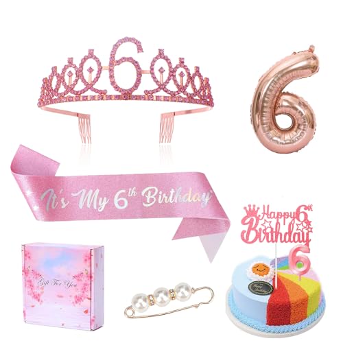 6. Geburtstag Mädchen Dekoration Set, Rosa Diamant Krone, Schärpe, 6 Jahre Luftballons, Kerzen für 6. Geburtstag Party, Perfekte 6 Jahre Geburtstagsfeier, Dekoration für Kindergeburtstag 6. Geburtstag Mädchen Dekoration Set, Rosa Diamant Krone, Schärpe, 6 Jahre Luftballons, Kerzen für 6. Geburtstag Party, Perfekte 6 Jahre Geburtstagsfeier, Dekoration für Kindergeburtstag von Probuk
