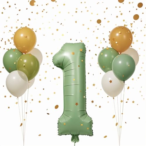 Luftballon 1. Geburtstag, 1. Geburtstag Deko für Jungen & Mädchen, 11 Stück Birthday-Luftballons (Grün & Gold), Latex Ballons für Baby-Party, Kinderfest von Probuk