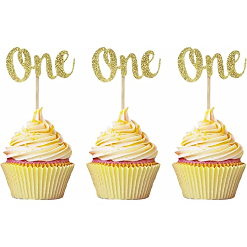 24 Stück "One"Cupcake Topper Probuk 1 Jahr Geburtstag,Baby Shower Dekoration, Kuchendeko Baby,Babyparty, Jubiläen,Glitter Cake,TopperDekoration Zubehör（Gold） von Probuk