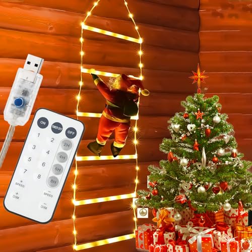 Probuk LED Weihnachtsmann Leiter Lichterkette,Weihnachtsbeleuchtung Strombetrieben mit Fernbedienung dimmbar,8 Modi Weihnachtsdeko-Lichter für Fenster, Garten(75 cm, Warmweiß und Vier Farben) von Probuk