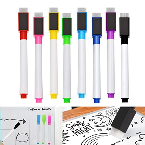 Probuk Whiteboard Marker Magnetisch 8 Farben Trocken Abwischbar Stift mit Schwamm, Schnelltrocknend Feiner Spitze Dry Erase Marker,Schule Zuhause Büro Zubehör für Fenster, Glas, Tafel, Whiteboard von Probuk