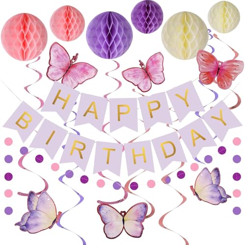 Probuk Schmetterlinge Geburtstagsdekorationen, Happy Birthday Banner mit Wabenball, Wiederverwendbare Lila Rosa Kindergeburtstag Deko für Frauen Mädchen Probuk Schmetterlinge Geburtstagsdekorationen, Happy Birthday Banner mit Wabenball, Wiederverwendbare Lila Rosa Kindergeburtstag Deko für Frauen Mädchen von Probuk