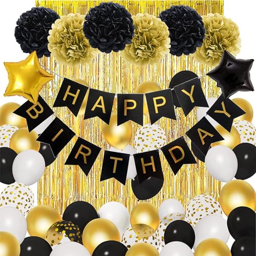 Schwarz Gold Party Deko Set, Geburtstagsdeko, Geburtstag Deko Luftballons Männer Frauen Banner, Happy Birthday Girlande Pompons Vorhang für Mann Frauen Junge Mädchen Geburtstag Party Dekoration Schwarz Gold Party Deko Set, Geburtstagsdeko, Geburtstag Deko Luftballons Männer Frauen Banner, Happy Birthday Girlande Pompons Vorhang für Mann Frauen Junge Mädchen Geburtstag Party Dekoration von Probuk
