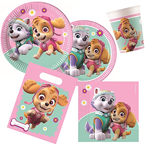 Procos 10133067 - Partyset M Paw Patrol, Skye and Everest, 50-teiliges Set, 16 Teller, 8 Becher, 20 Servietten, 6 Tüten, Einweggeschirr, Dekoration von Procos