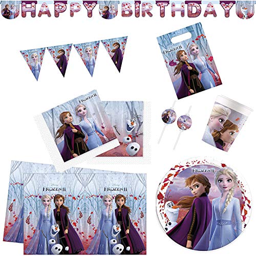Procos 10134723 - Partyset XXL Disney Frozen 2, 49-teiliges Set, 8 Teller, 8 Becher, 4 Strohhalme, 20 Servietten, 1 Tischdecke, 6 Tüten, 2 Girlanden, Anna, Elsa, Olaf von Procos