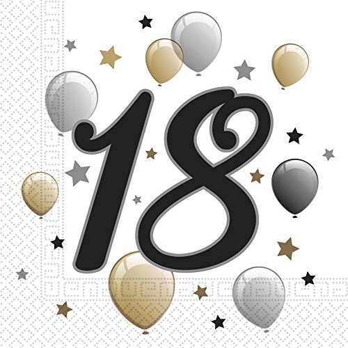 Procos 88864 - Servietten Happy Birthday, Milestone 18, 33x33cm, 20 Stück, Ballonmotiv, 18er Geburtstag, Papierservietten mit Motiv, Tischdekoration, Mundtuch, Geburtstag, Luftballons, Ballons von Procos