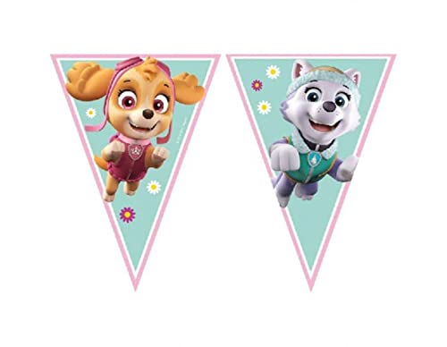 Procos 90279 - Wimpelkette Paw Patrol, Skye & Everest, Länge 230 cm, Girlande aus Kunststoff, Helden auf vier Pfoten, Hunde, Party, Dekoration, Mehrfarbig (Rosa/Grün) von Procos