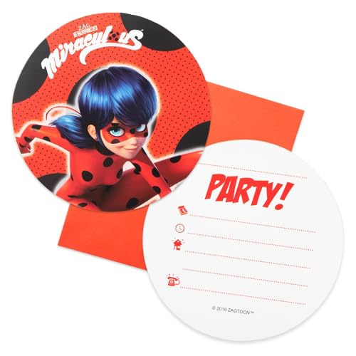 Procos 91351 - Einladungen & Umschläge, jeweils 6 Stück, Miraculous Ladybug, Kindergeburtstag von Procos