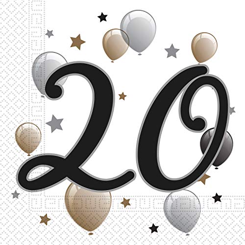 Procos 92088 - Servietten Happy Birthday, Milestone 20, 33x33cm, 20 Stück, Ballonmotiv, 20er Geburtstag, Papierservietten mit Motiv, Tischdekoration, Mundtuch, Geburtstag, Luftballons, Ballons von Procos