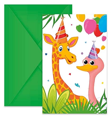 Procos 93788 - Einladungen Jungle Balloons, FSC® Mix, 6 Stück mit Umschlag, Geburtstag, Mottoparty, Dschungel, Ballons von Procos