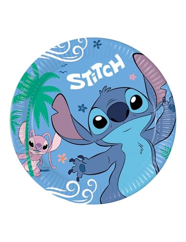 Procos Stitch Pappteller, 23 cm, 8 Stück, Einweg, Lizenzfigur, blau, rund, Geburtstag, Mottoparty von Procos