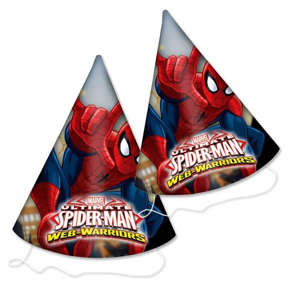 Spiderman Partyhüte aus Pappe mit Gummiband, 6er Pack, 16 cm hoch von Procos