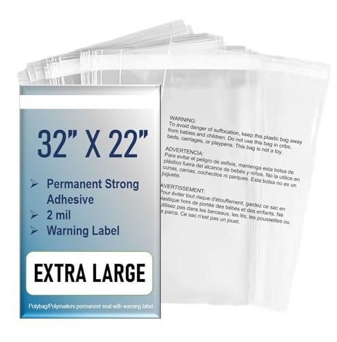 Extra großer Polybeutel, 81,3 x 55,9 cm, 2 mm, transparent mit permanenter Versiegelung, Warnschild (10 Stück) von ProductMix