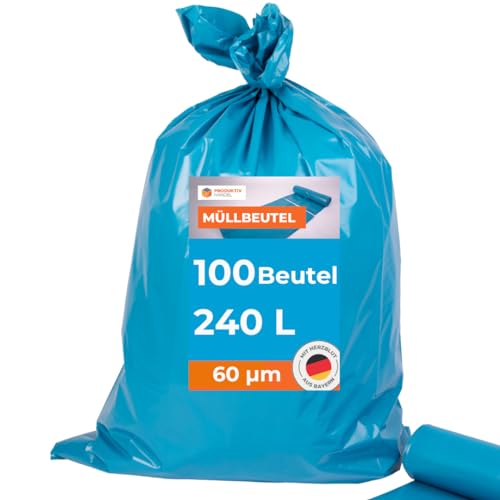 Müllsäcke 100 Stück - 10 Rollen | 240l stabile extra große blaue Müllbeutel | Abfallsack 60µm stark | 100% Recyclinganteil | reißfest & wasserdicht von Produktiv Handel