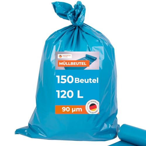 Müllsäcke 150 Stück - 10 Rolle | 120l extra starke blaue Müllbeutel | stabile Abfallsäcke 90µm | 100% Recyclinganteil | sehr reißfest & wasserdicht von Produktiv Handel