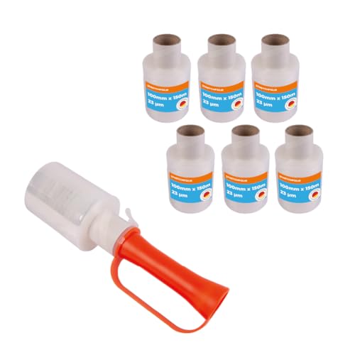 Stretchfolie 6 Rollen + 1 Abroller | 23µm Verpackungsfolie transparent | je 150m x 10cm | Mini Wickelfolie zum Verpacken | praktische, durchsichtige Strechfolienrolle von Produktiv Handel