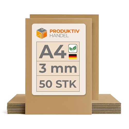 Wellpappe Zuschnitte A4 | 21 x 29,7 cm | 50 Stück Stabiler Bastelkarton braun, ein-wellig (1.01 B) | Ideal für DIY, Modellbau & Kinderbasteln | Produktiv Handel von Produktiv Handel