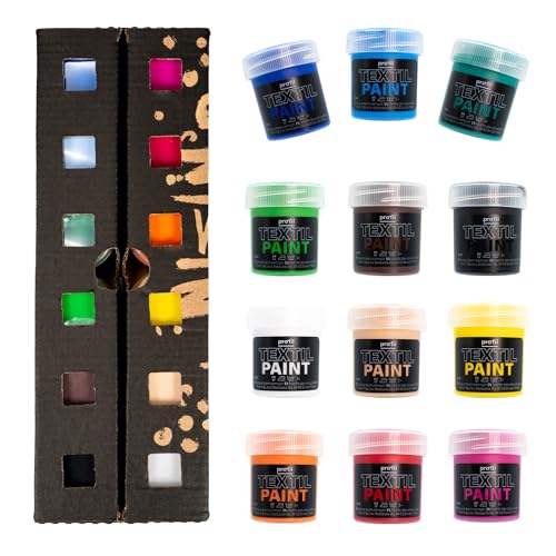 Profil Acrylfarben für dunkle Textilien - in Töpfchen - Set - Stoffmalfarben - Textilfarben für schwarzen Stoff - Jeans - T-shirts - Taschen - Schuhen - Farbtönen-Mix - Waschmaschinenfest - 12x25 ml von Profil