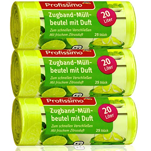 Profissimo 20 Liter Zugband Müllbeutel mit frischem Zitrusduft - 3er Pack - 75 Beutel (3 x 25 Stück) - Ideal für Haushalt, Büro und Bad von Profissimo