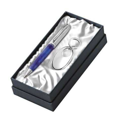 Progressio Elegantes Geschenk-Set, Kugelschreiber aus marmoriertem Metall, blau, mit Schlüsselanhänger, Geschenkbox enthalten von Progressio