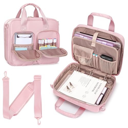 Prokva Schreibmappe mit Ringbuch, Große Fächern für 13" Laptop, Reise Aktenmappe Konferenzmappe mit Riemen, A4 Binder mit 500 Blatt Fassungscermögen, Rosa (Leer Tasche) von Prokva