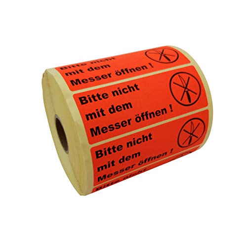 Aufkleber Warnetiketten auf Rolle - Bitte nicht mit dem Messer öffnen - 1000 Stück je Rolle - 115 x 37 mm - Leuchtrot Haftpapier - Versandaufkleber - Paketaufkleber von Prolac