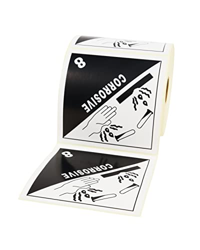 Prolac Aufkleber in weiß/schwarz, 100x100 mm – Klasse 8 Ätzende Stoffe – 500 Etiketten selbstklebend auf Rolle, Versandetiketten als Kennzeichnung von gefährlichen Gütern, Klebeetiketten von Prolac