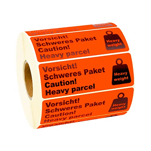 Prolac Versandetiketten mit Warnhinweis Vorsicht! Schweres Paket, Etiketten selbstklebend im Format 105x37mm – Klebeetiketten mit auffälliger Farbe, permanent haftende und auffällige Umzugsaufkleber von Prolac