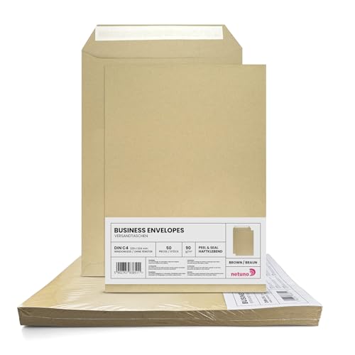 Netuno 50x Versandtasche DIN C4 Braun 229 x 324 mm 90g große Briefumschläge ohne Fenster gerade Klappe Haftklebung Umschläge Maxibrief A4 Briefkuverts Großbrief Kuverts envelope big von Netuno