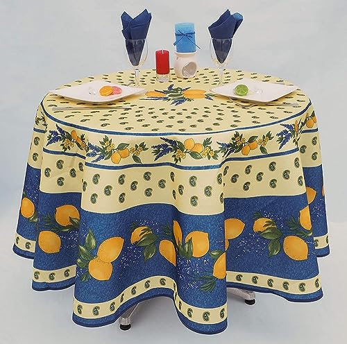 Tischdecke, rund, schmutzabweisend, abwaschbar, 180 cm, 100 % Polyester, Zitronenblau von Promo Linge